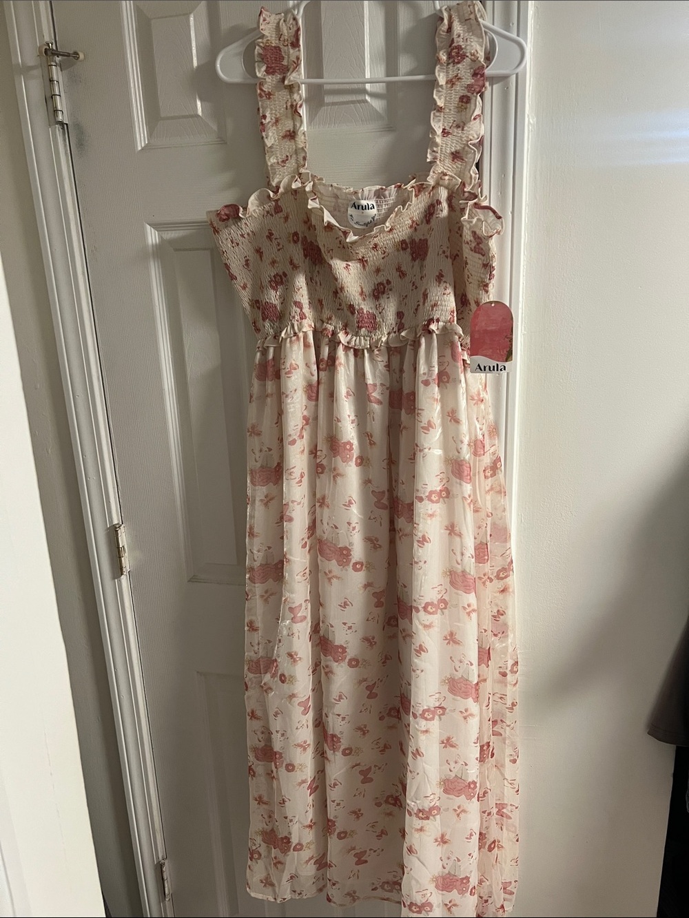 ARULA Cream Dress with Pink Floral Ruffles